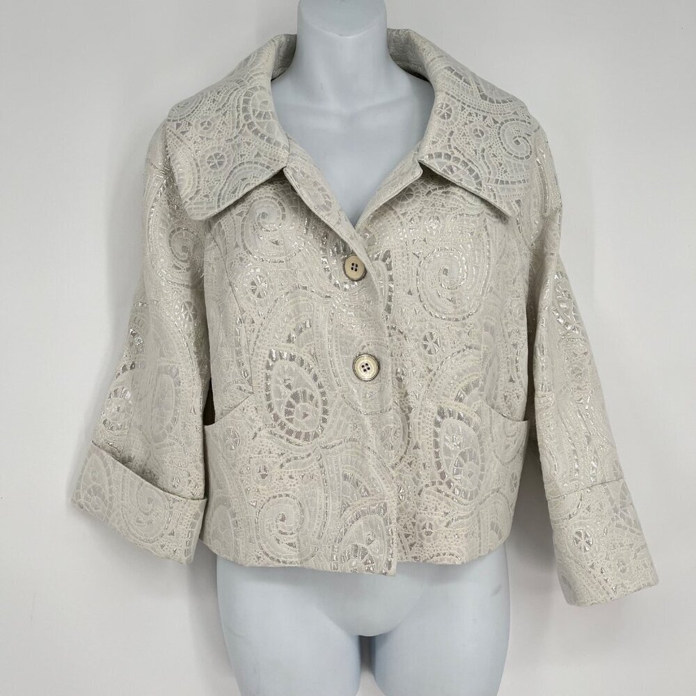 LENA GABRIELLE Size 8 Ivory Silver Jacquard Print‎ Jacket/Blazer Bolero